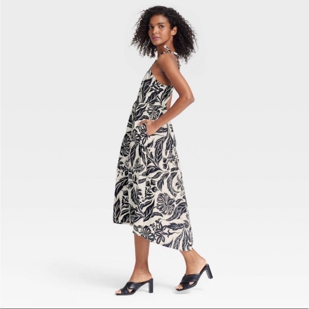 Who What Wear Cream Black Floral Women's Sleeveless Baby Doll Tiered Dress